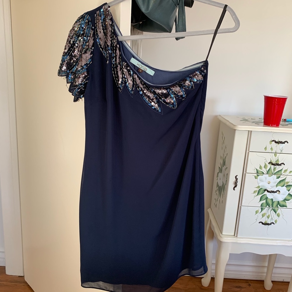 One shoulder, beaded mini dress